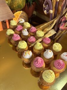 A close-up view of a tray filled with colorful mini cupcakes arranged in two rows