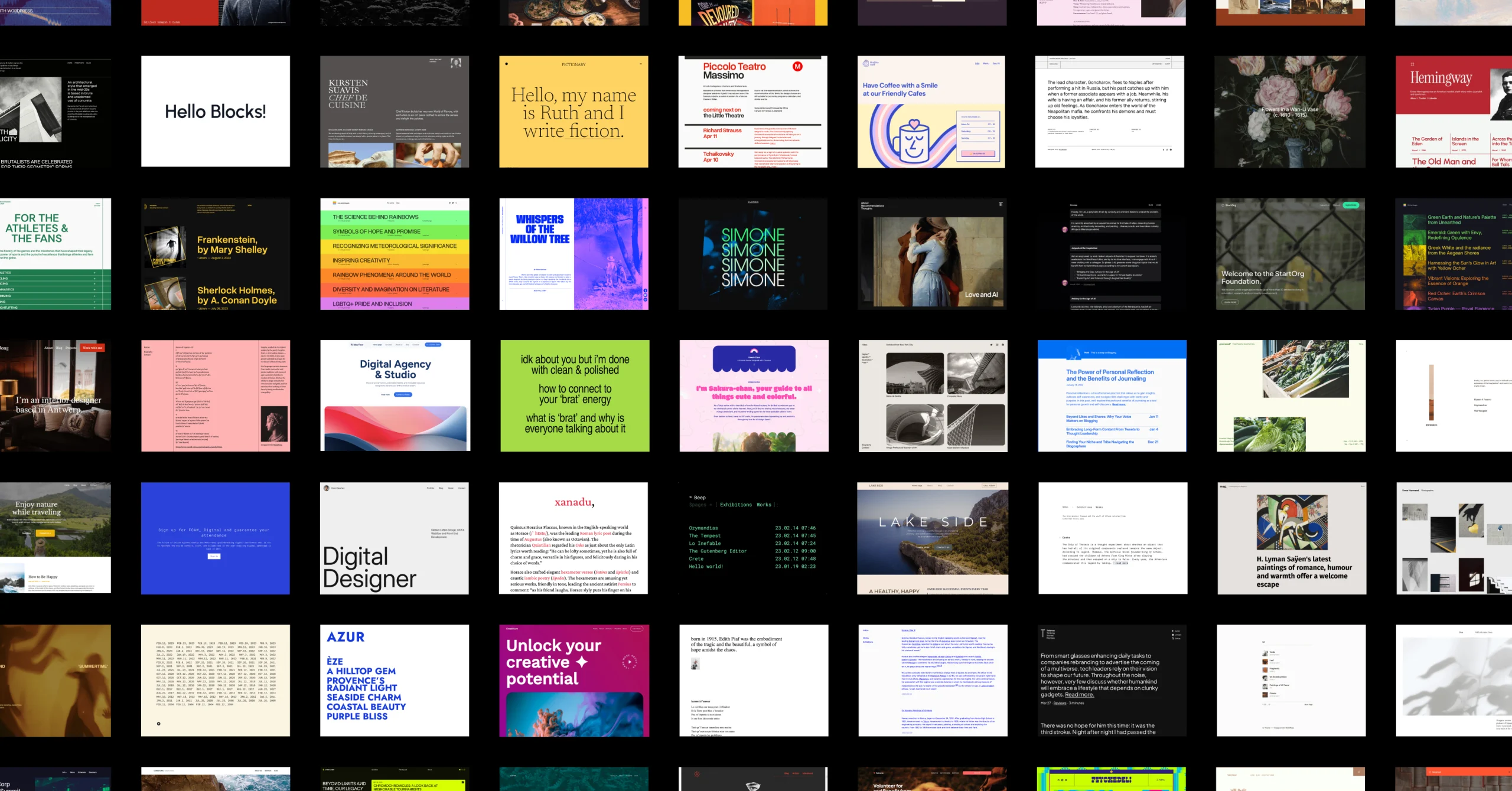Layout of numerous colorful images of block themes laid out in a grid.